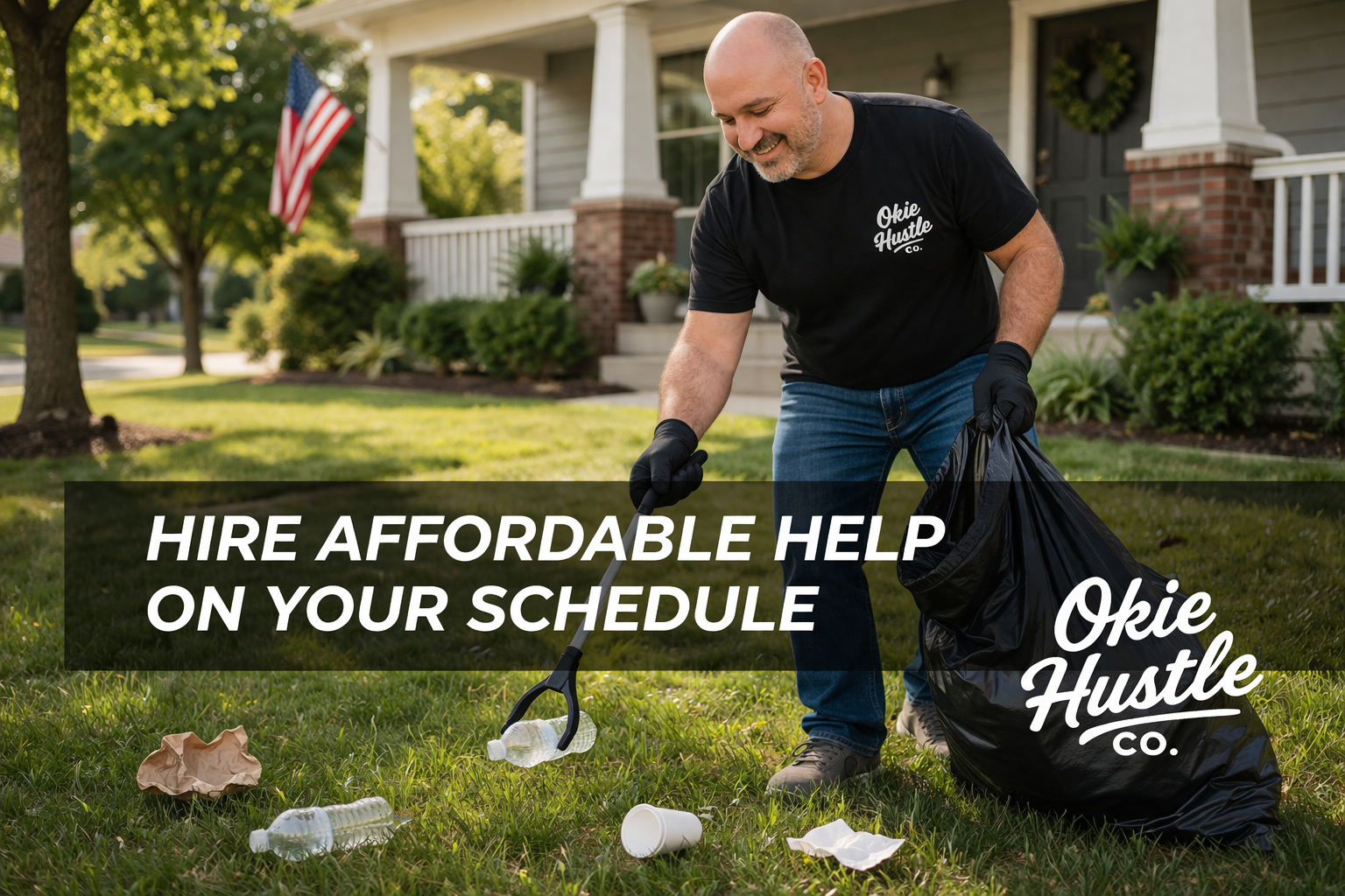 Okie Hustle picking up litter in a residential yard